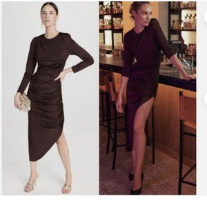 VERONICA BEARD TRISTANA ASYMMETRICAL RUCHED SATIN JERSEY OXBLOOD MIDI DRESS sz 8